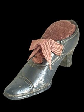 Victorian Shoe Pin Cushion Antique Sewing Accessory Metal Shoe Velvet Pincushion